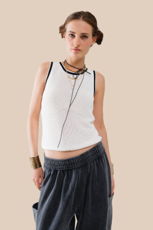 World Hippie Pointelle White Sleeveless Top With Black and White Trim Detail, multiple sizes, tank tops & muscle tees category