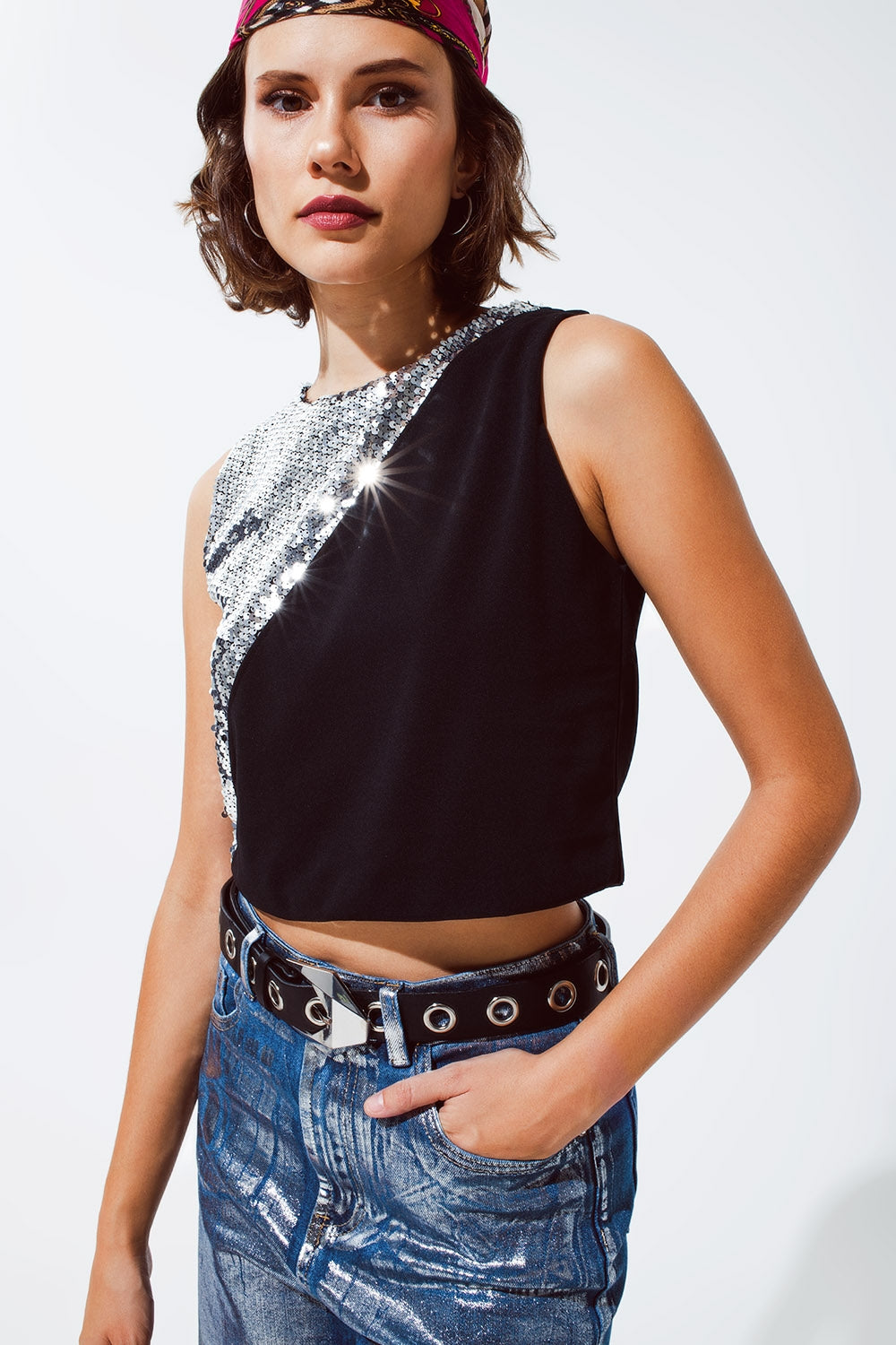 World Hippie Sleevless Croptop With Diagonal Silver Sequin Detail in Black, multiple sizes, tank tops & muscle tees category