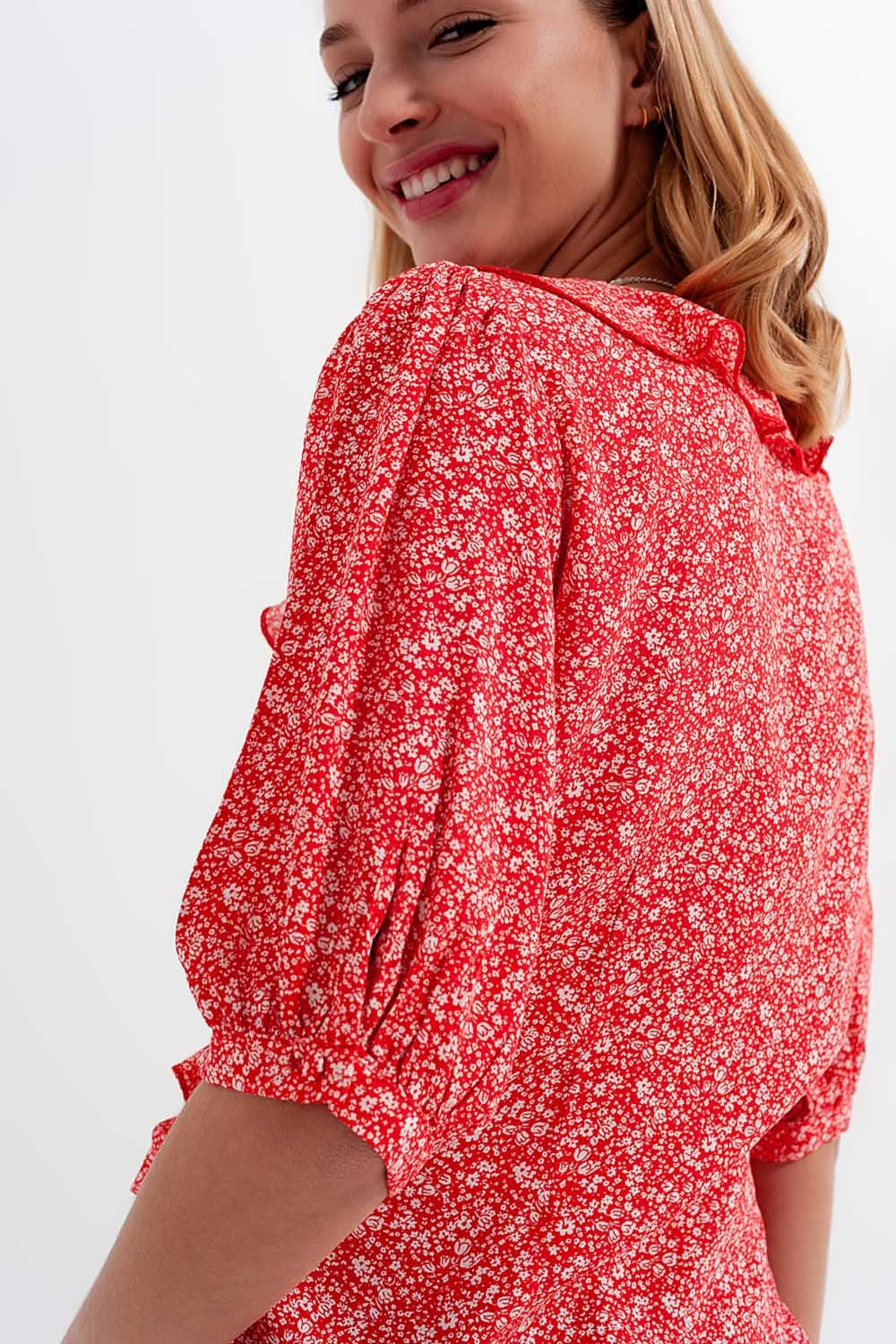 World Hippie Red Wrap Top in Clustered Flower Print, in red, multiple sizes, tops category