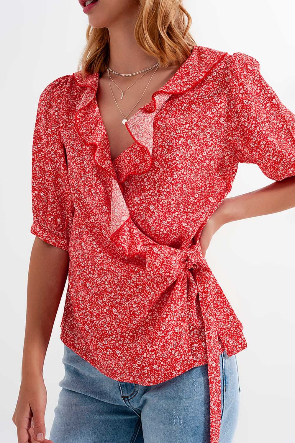 World Hippie Red Wrap Top in Clustered Flower Print, in red, multiple sizes, tops category