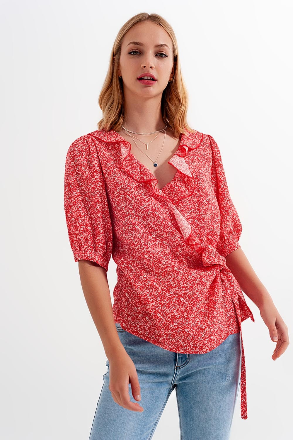 World Hippie Red Wrap Top in Clustered Flower Print, in red, multiple sizes, tops category