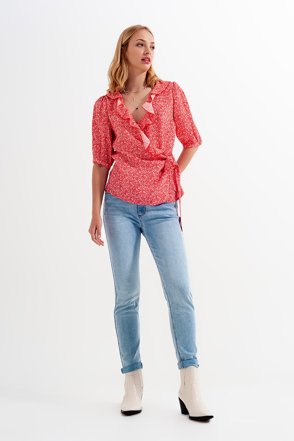 World Hippie Red Wrap Top in Clustered Flower Print, in red, multiple sizes, tops category