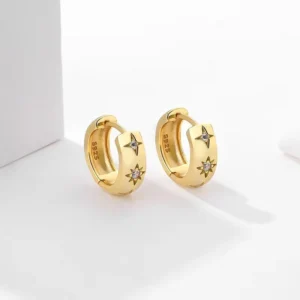 925 Sterling Silver Star Zircon Gold Plated Hoops